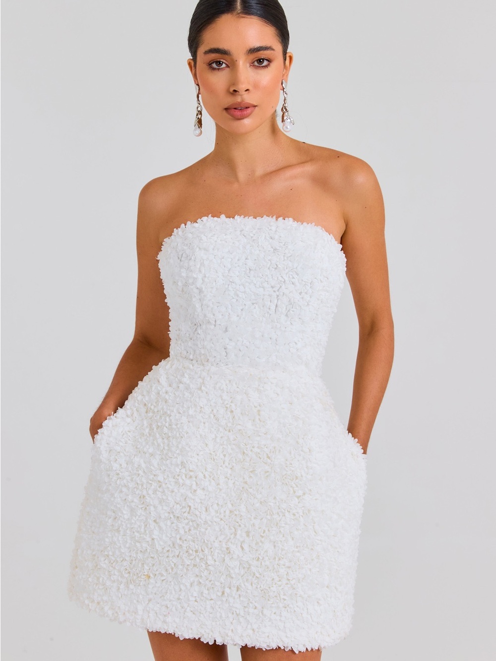 NADINE MERABI Strapless White 3D Floral Chiffon Mini Dress - Picture 2 of 3